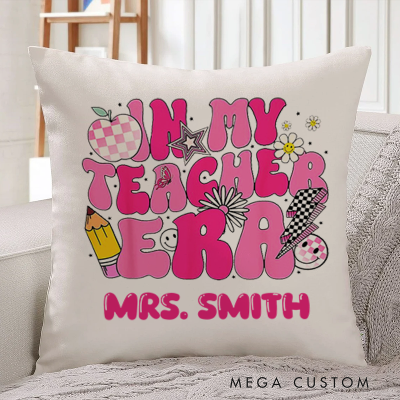 Personalized Teachers Throw Pillow in My Teacher Era Pink Groovy Pillow Gift for Teachers