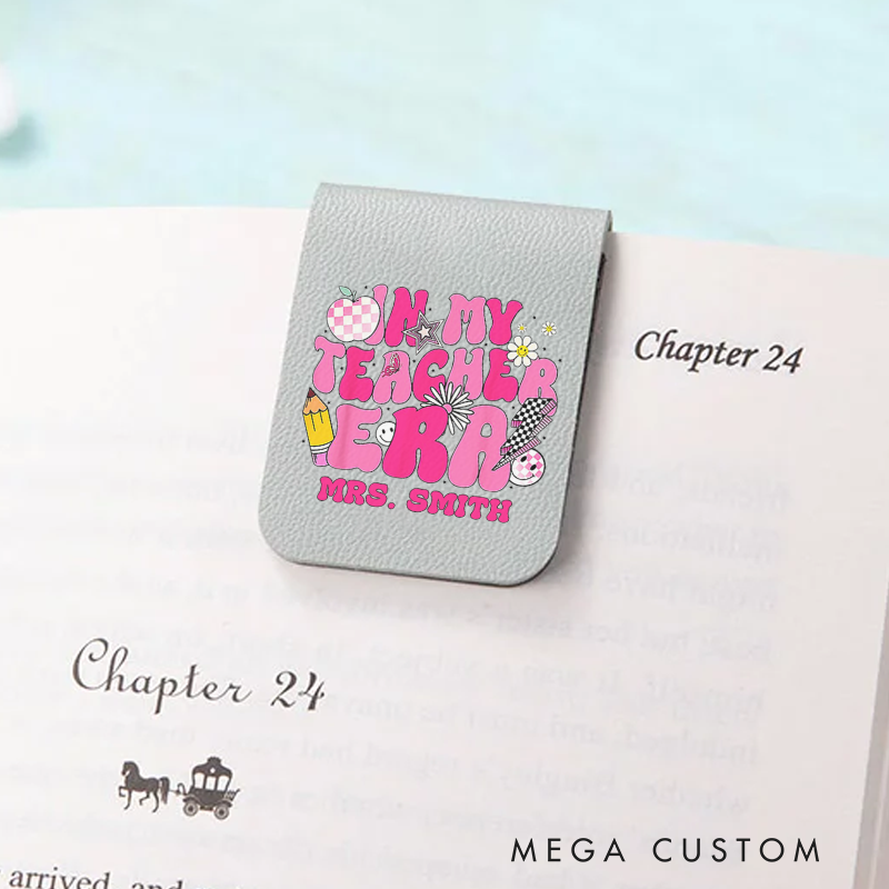 Personalized Teacher Leather Magnetic Bookmark in My Teacher Era Pink Groovy Bookmark Gift for Teachers
