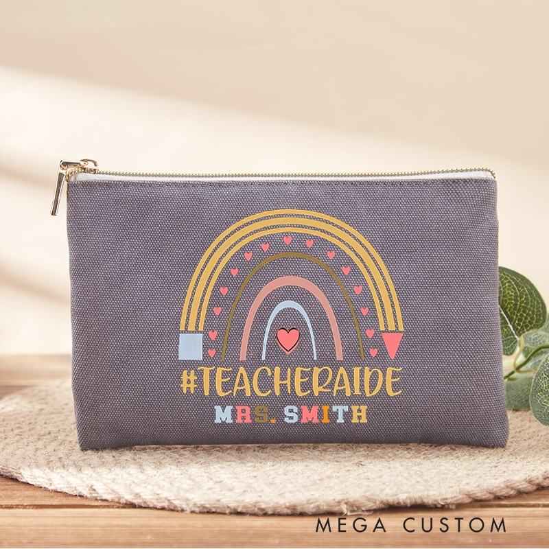 Personalized Teacher Makeup Bag Rainbow Hearts Cheerful Gift for Teacher