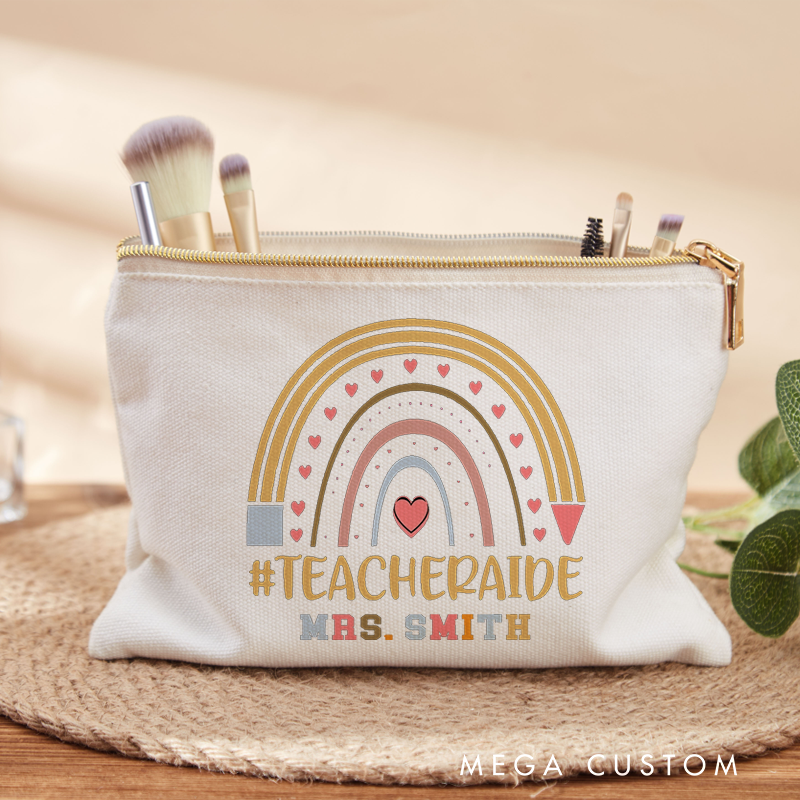 Personalized Teacher Makeup Bag Rainbow Hearts Cheerful Gift for Teacher