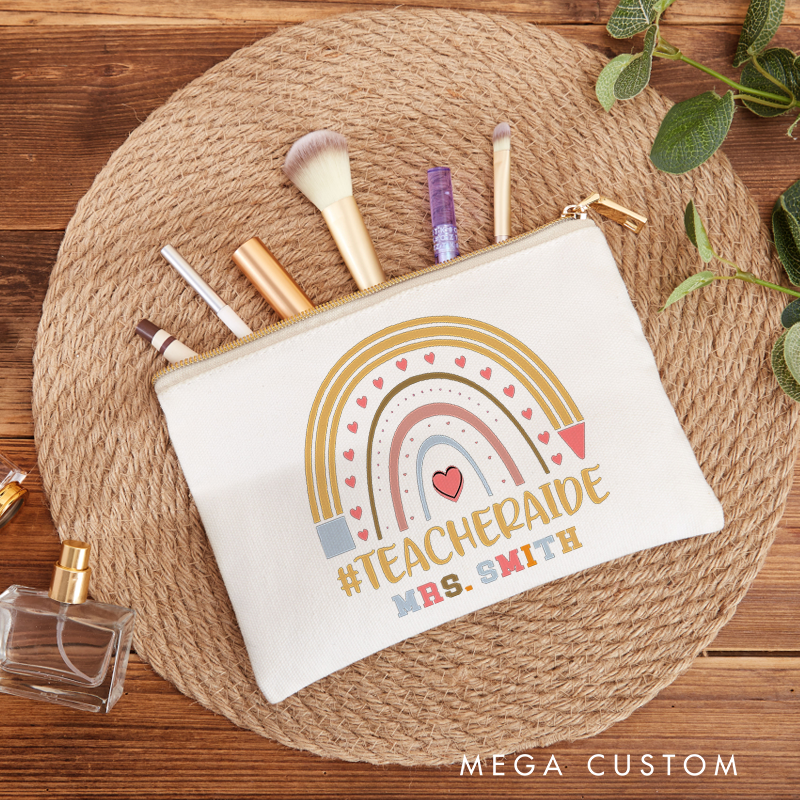 Personalized Teacher Makeup Bag Rainbow Hearts Cheerful Gift for Teacher