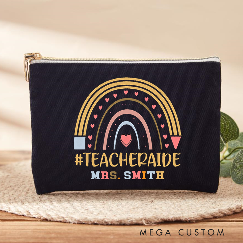 Personalized Teacher Makeup Bag Rainbow Hearts Cheerful Gift for Teacher