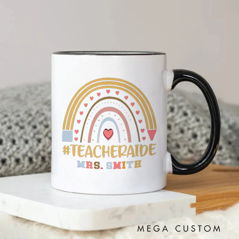Personalized Teachers Mug Rainbow Hearts Cheerful Gift for Teacher