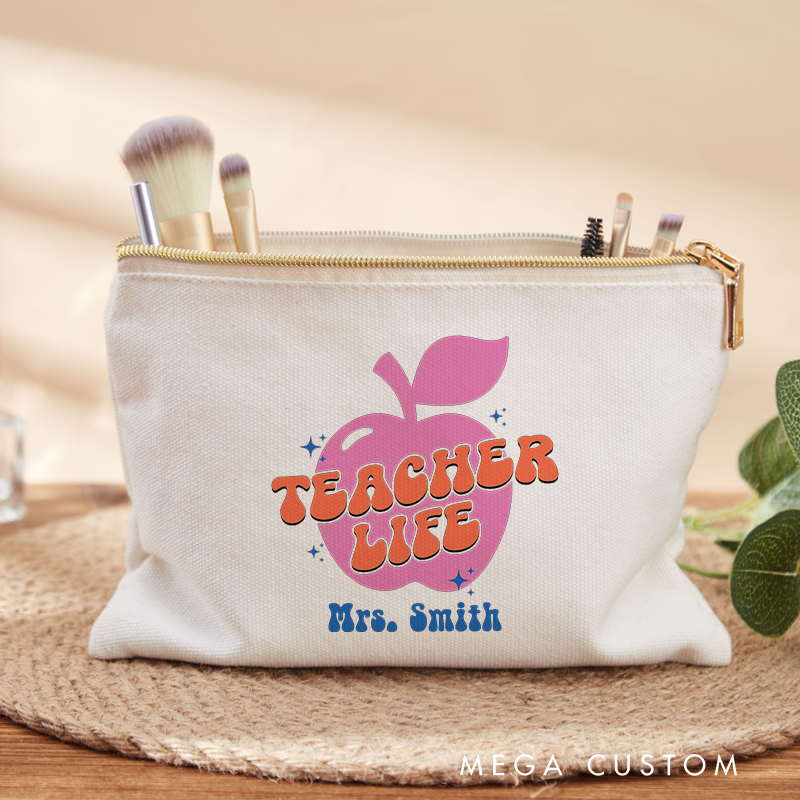 Personalized Makeup Bag Retro Teacher Life Apple Fun Gift for Teachers