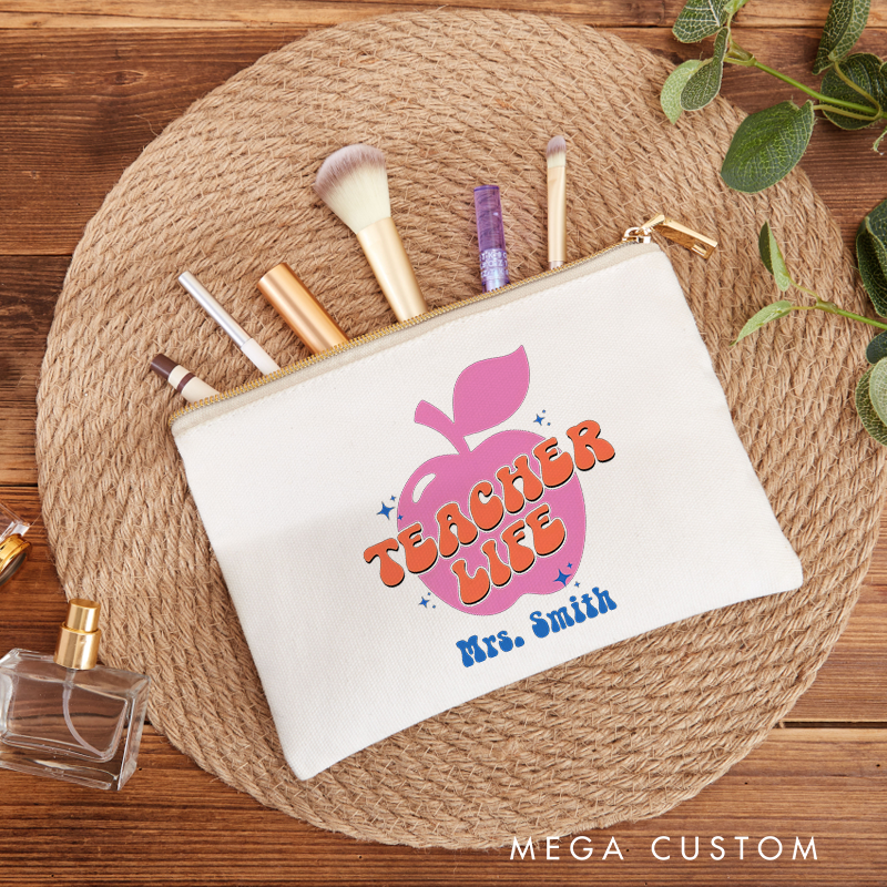 Personalized Makeup Bag Retro Teacher Life Apple Fun Gift for Teachers