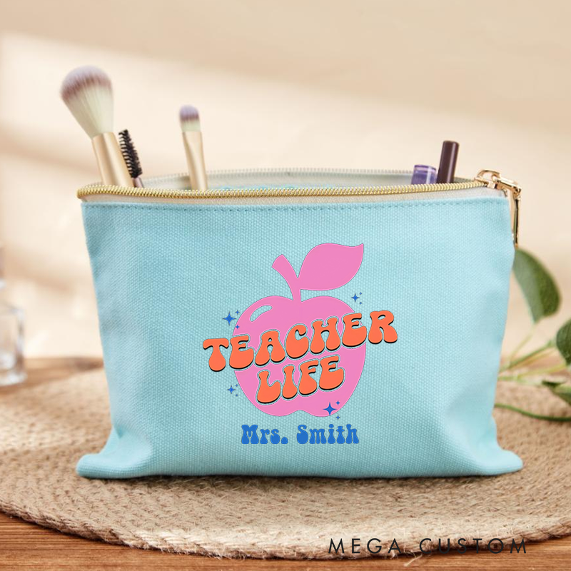 Personalized Makeup Bag Retro Teacher Life Apple Fun Gift for Teachers