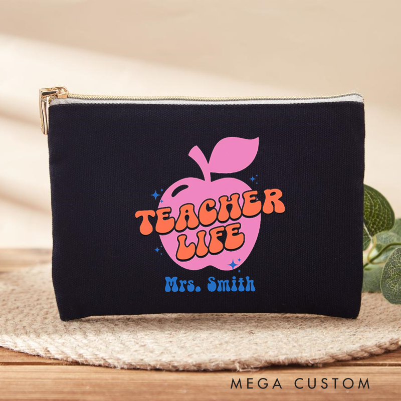Personalized Makeup Bag Retro Teacher Life Apple Fun Gift for Teachers