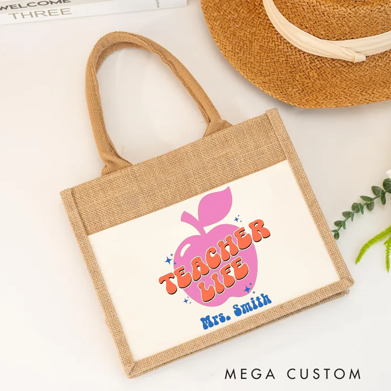 Personalized Teacher Burlap Tote Bag Retro Teacher Life Apple Fun Gift for Teachers
