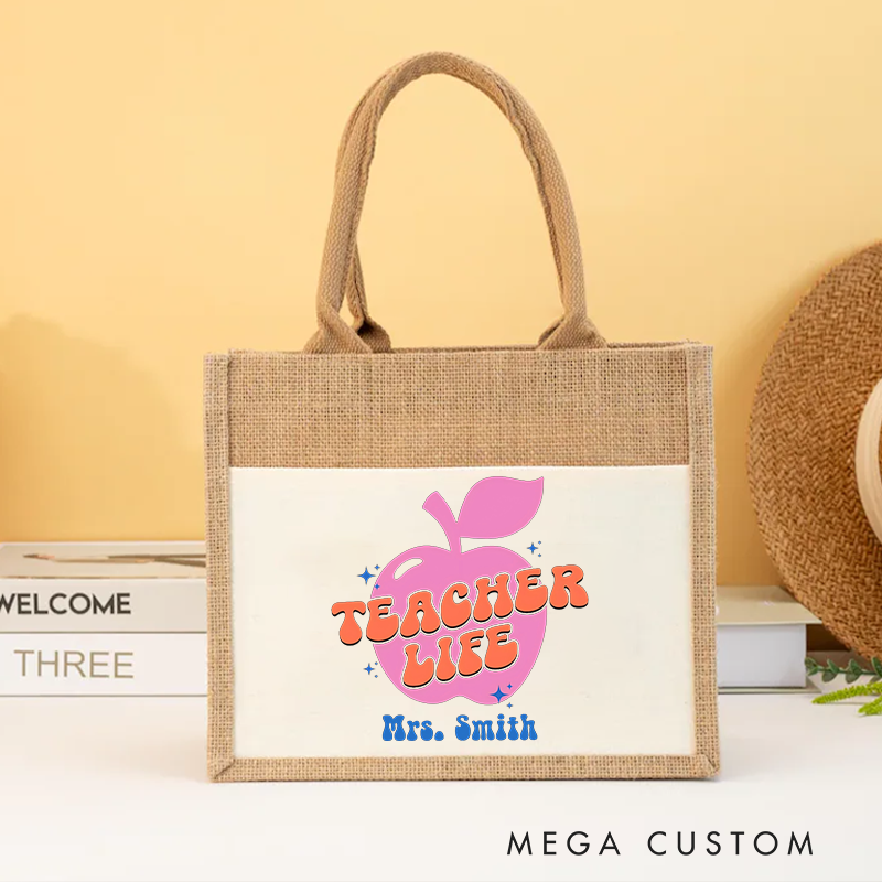 Personalized Teacher Burlap Tote Bag Retro Teacher Life Apple Fun Gift for Teachers