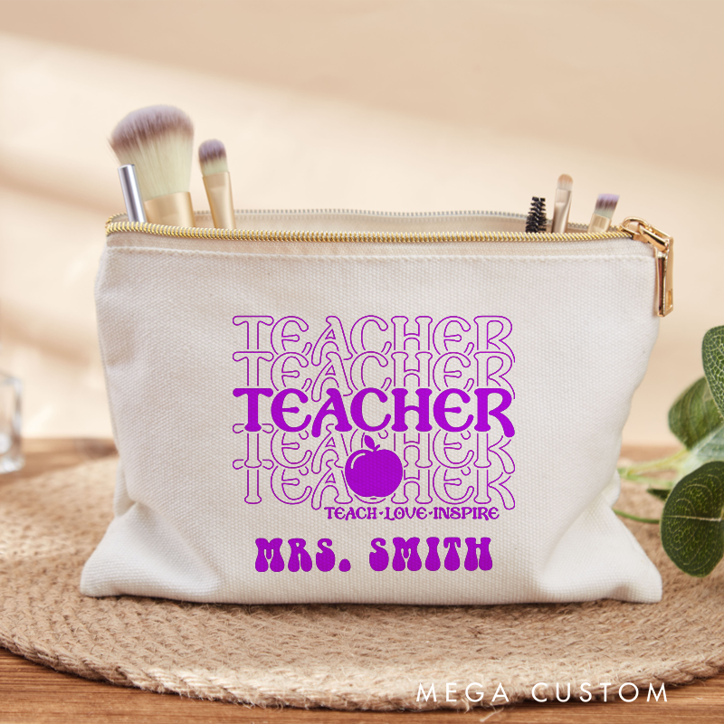 Personalized Teacher Makeup Bag Teach Love Inspire Apple Retro Gift for Teachers