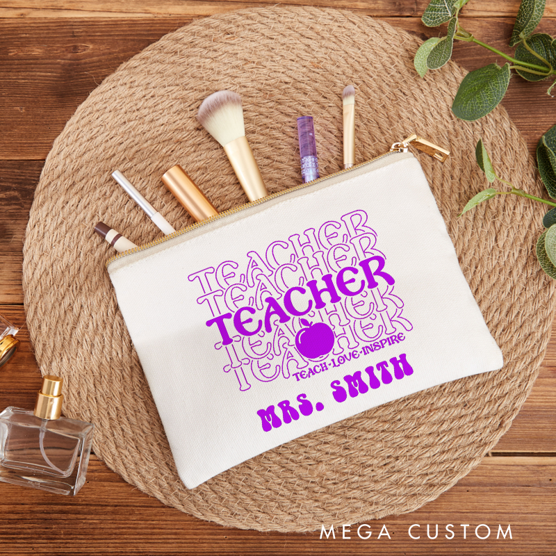 Personalized Teacher Makeup Bag Teach Love Inspire Apple Retro Gift for Teachers