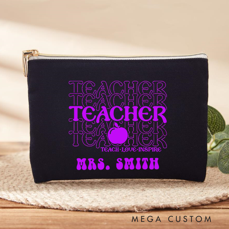 Personalized Teacher Makeup Bag Teach Love Inspire Apple Retro Gift for Teachers