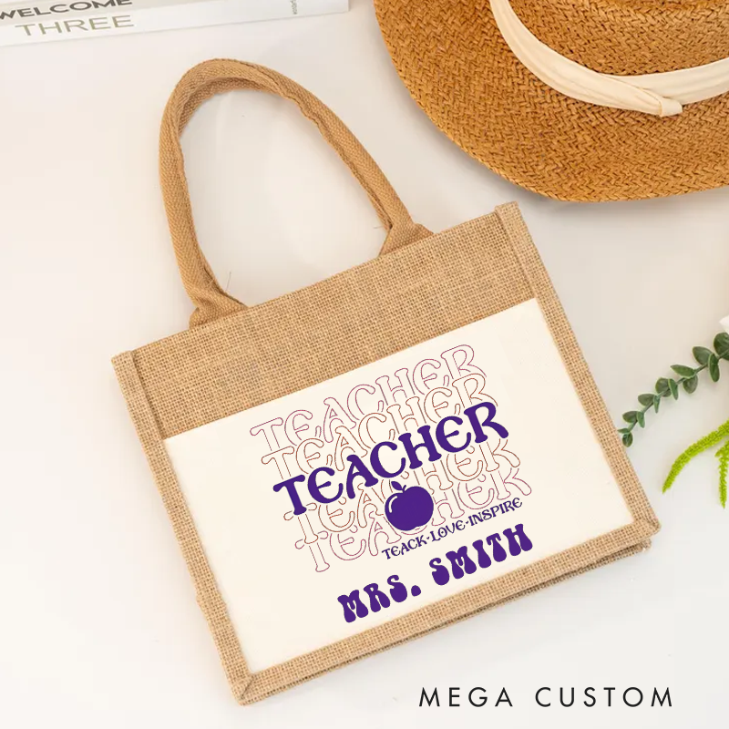 Personalized Teacher Burlap Tote Bag Teach Love Inspire Apple Retro Gift for Teachers