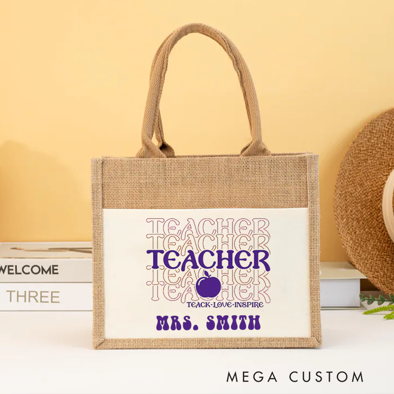 Personalized Teacher Burlap Tote Bag Teach Love Inspire Apple Retro Gift for Teachers