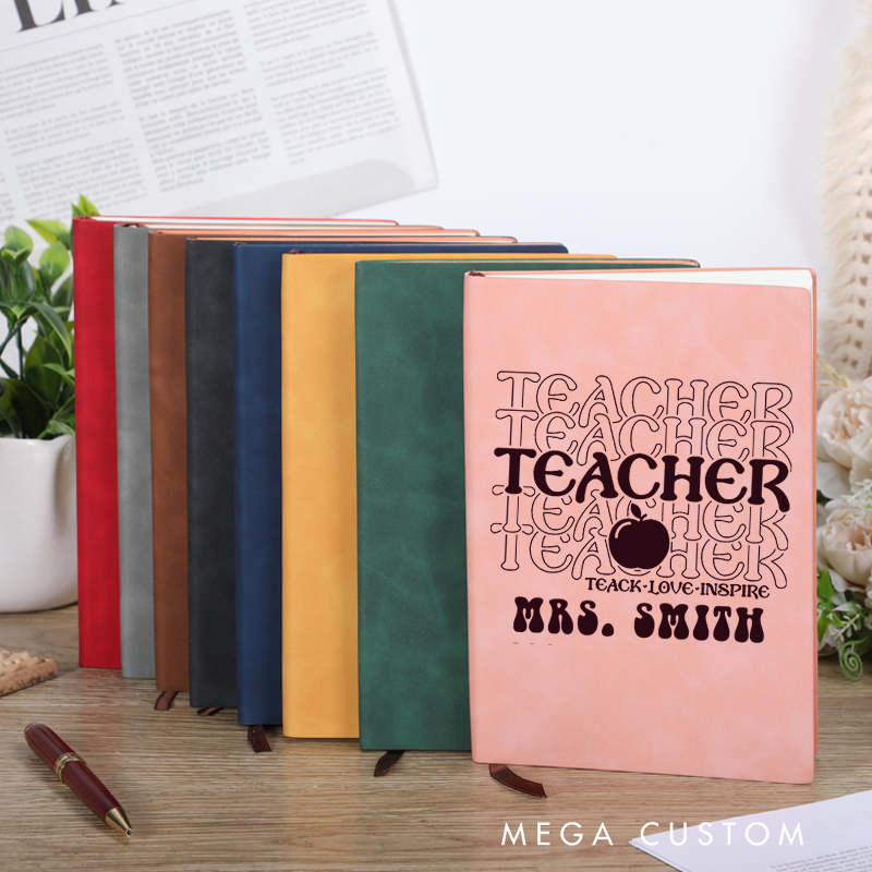 Personalized Teacher Leather Notebook Teach Love Inspire Apple Retro Gift for Teachers