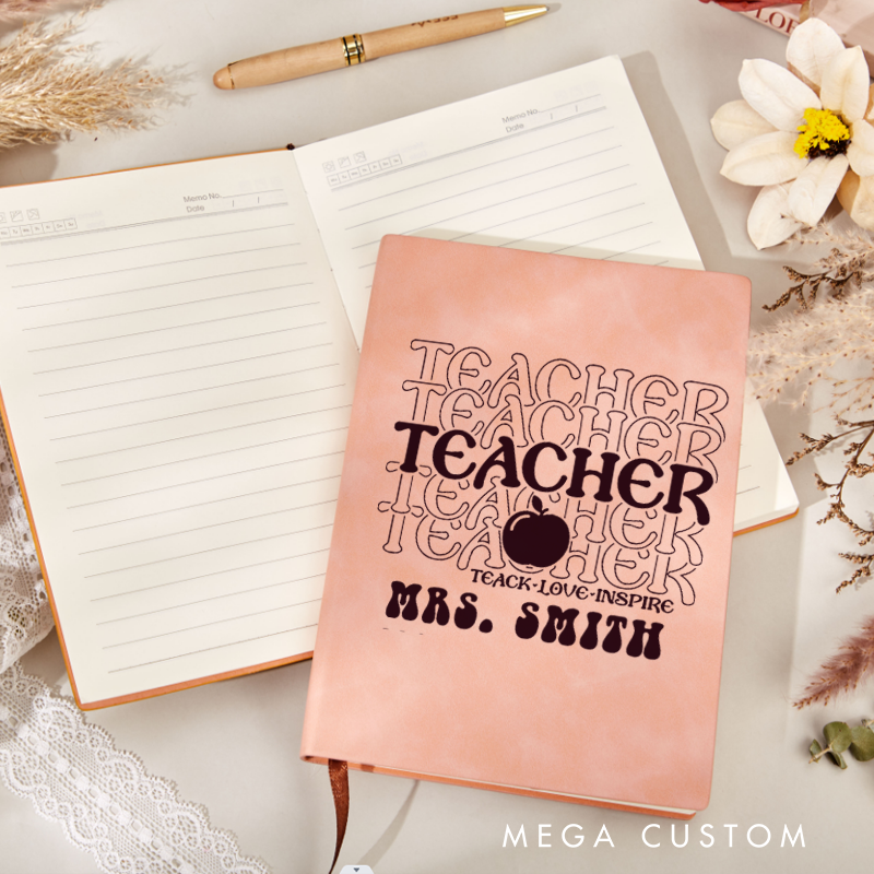 Personalized Teacher Leather Notebook Teach Love Inspire Apple Retro Gift for Teachers