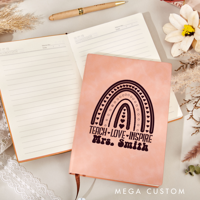 Personalized Teacher Leather Notebook Teach Love Inspire Rainbow Notebook Gift for Teachers