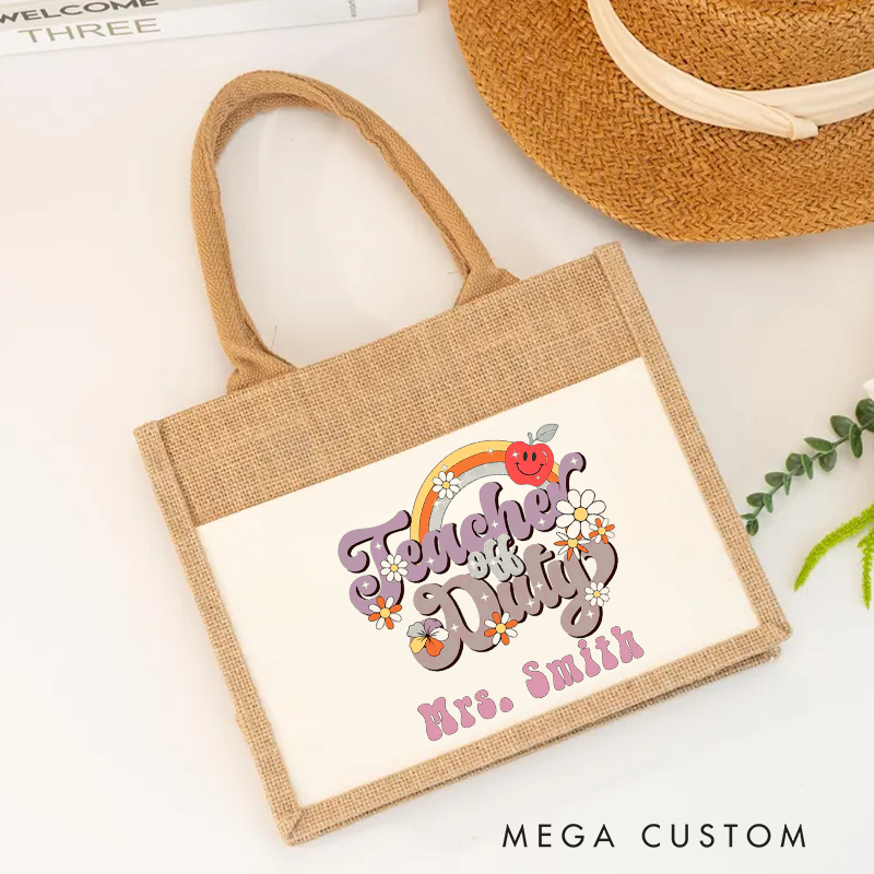 Personalized Burlap Tote Bag Teacher off Duty Fun Colorful Retro Tote Bag Perfect Gift for Teachers