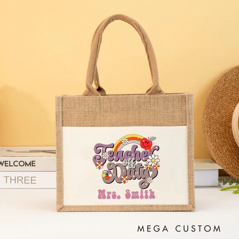 Personalized Burlap Tote Bag Teacher off Duty Fun Colorful Retro Tote Bag Perfect Gift for Teachers