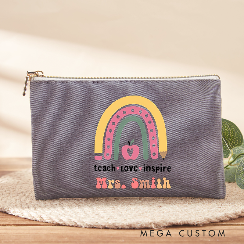 Personalized Teacher Makeup Bag Teach Love Inspire Pencil Rainbow and Apple Makeup Bag Gift for Teachers