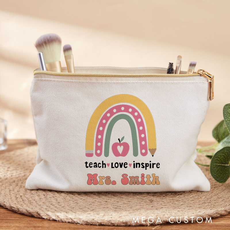 Personalized Teacher Makeup Bag Teach Love Inspire Pencil Rainbow and Apple Makeup Bag Gift for Teachers