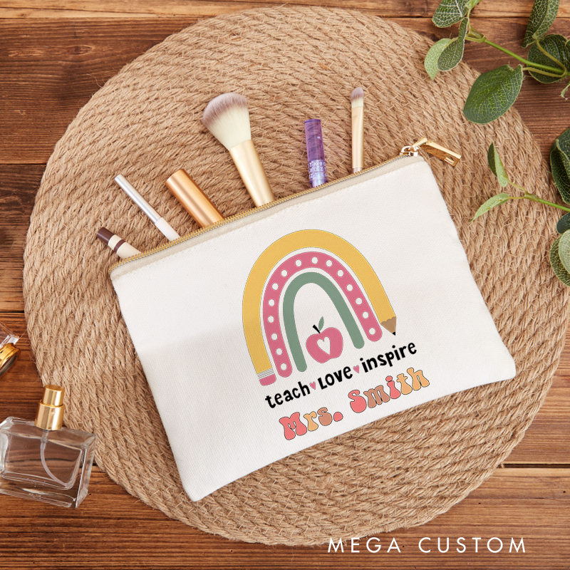 Personalized Teacher Makeup Bag Teach Love Inspire Pencil Rainbow and Apple Makeup Bag Gift for Teachers