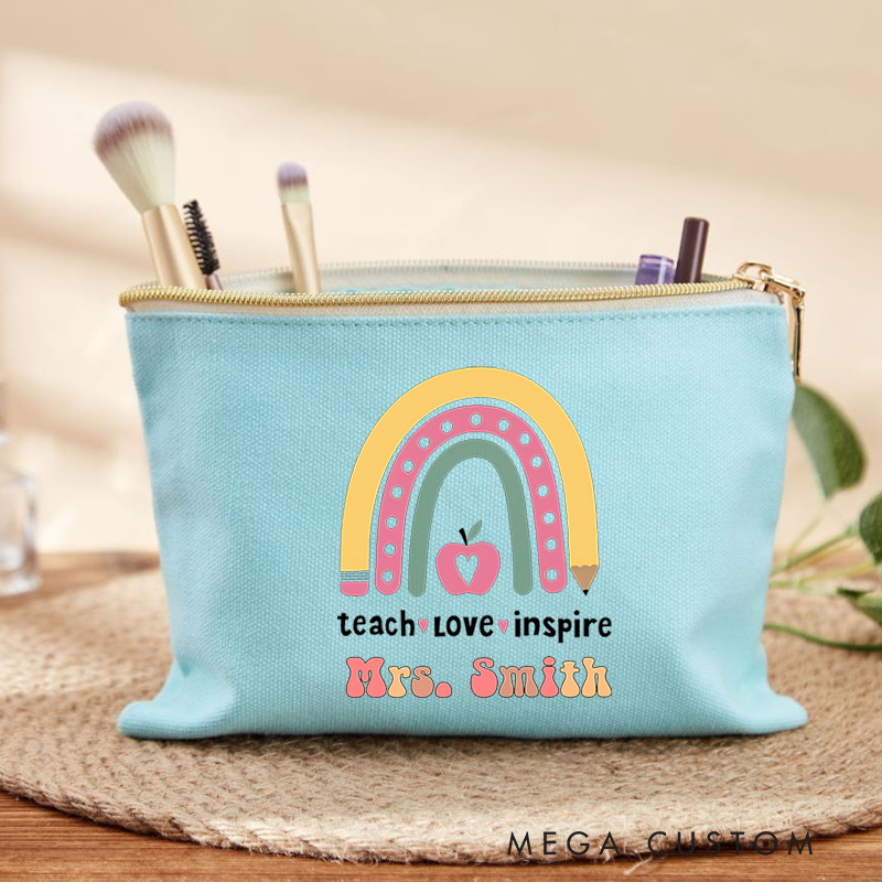 Personalized Teacher Makeup Bag Teach Love Inspire Pencil Rainbow and Apple Makeup Bag Gift for Teachers