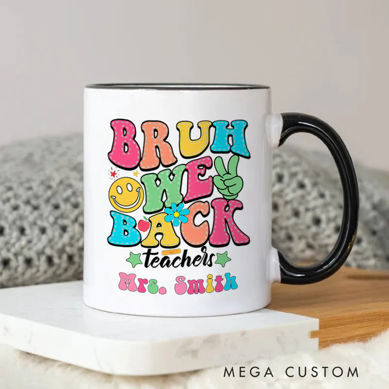 Personalized Teachers Mug Bruh We Back Colorful with Smiley Face Retro Mug Gift for Teachers