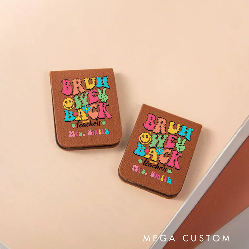 Personalized Teacher Leather Magnetic Bookmark Bruh We Back Colorful with Smiley Face Retro Bookmark Gift for Teachers