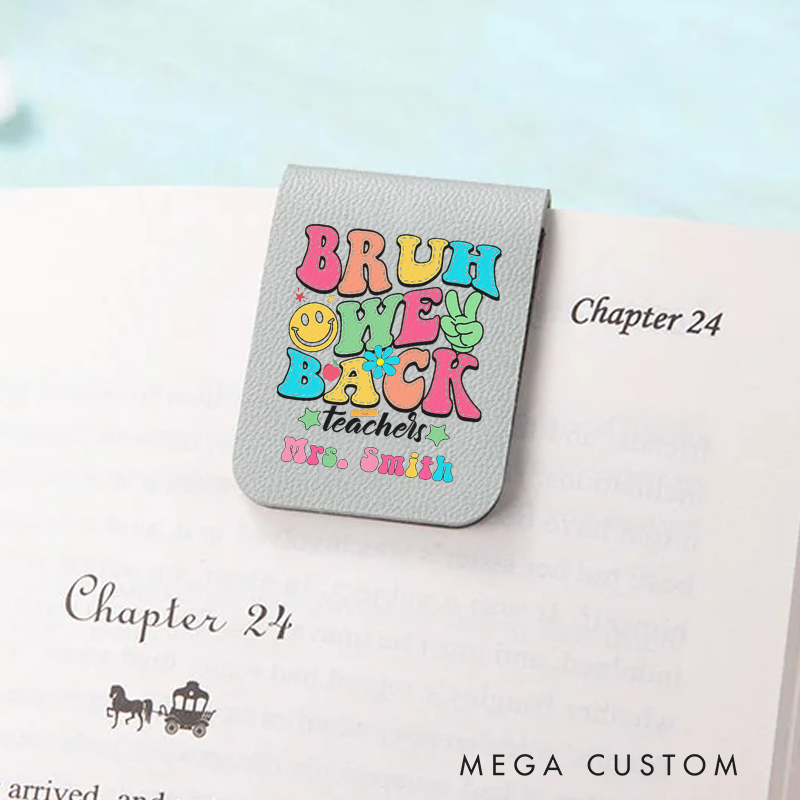Personalized Teacher Leather Magnetic Bookmark Bruh We Back Colorful with Smiley Face Retro Bookmark Gift for Teachers