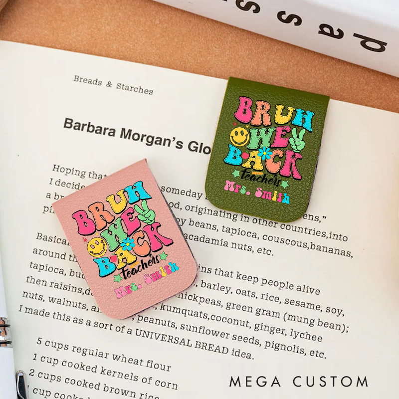 Personalized Teacher Leather Magnetic Bookmark Bruh We Back Colorful with Smiley Face Retro Bookmark Gift for Teachers