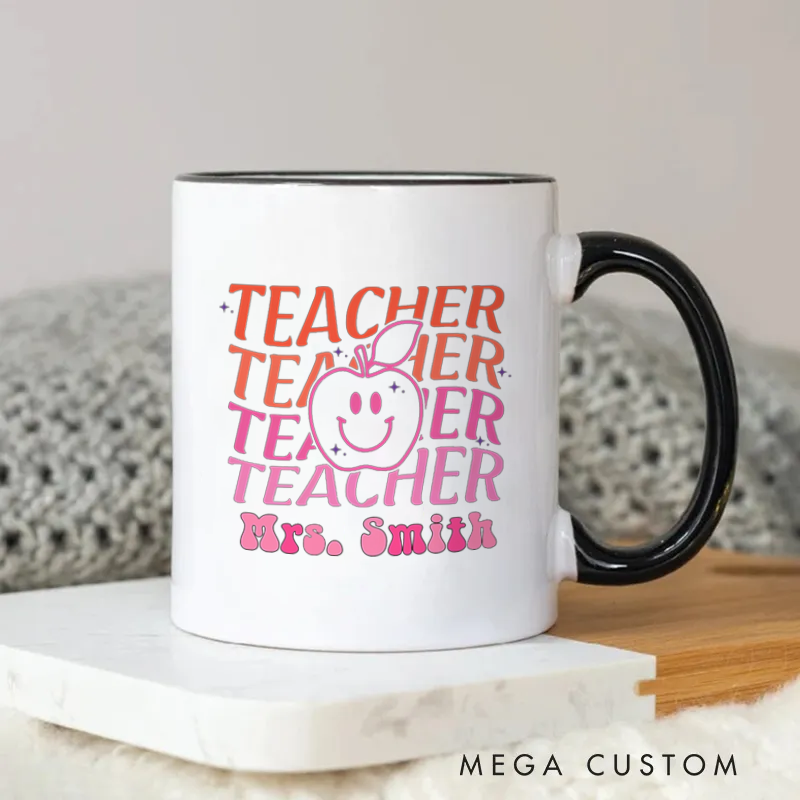 Personalized Teachers Mug Smiley Apple Retro Teacher Mug Gift for Teachers