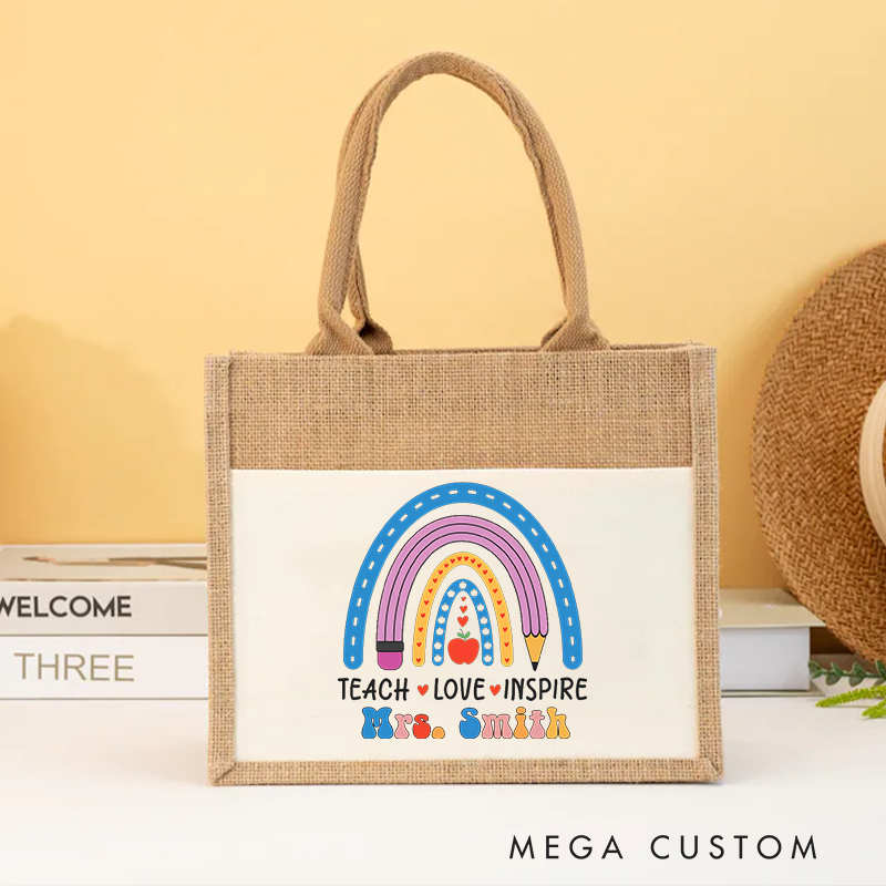 Personalized Teacher Burlap Tote Bag Teach Love Inspire Rainbow Pencil Apple  Stylish Tote Bag Gift for Teachers