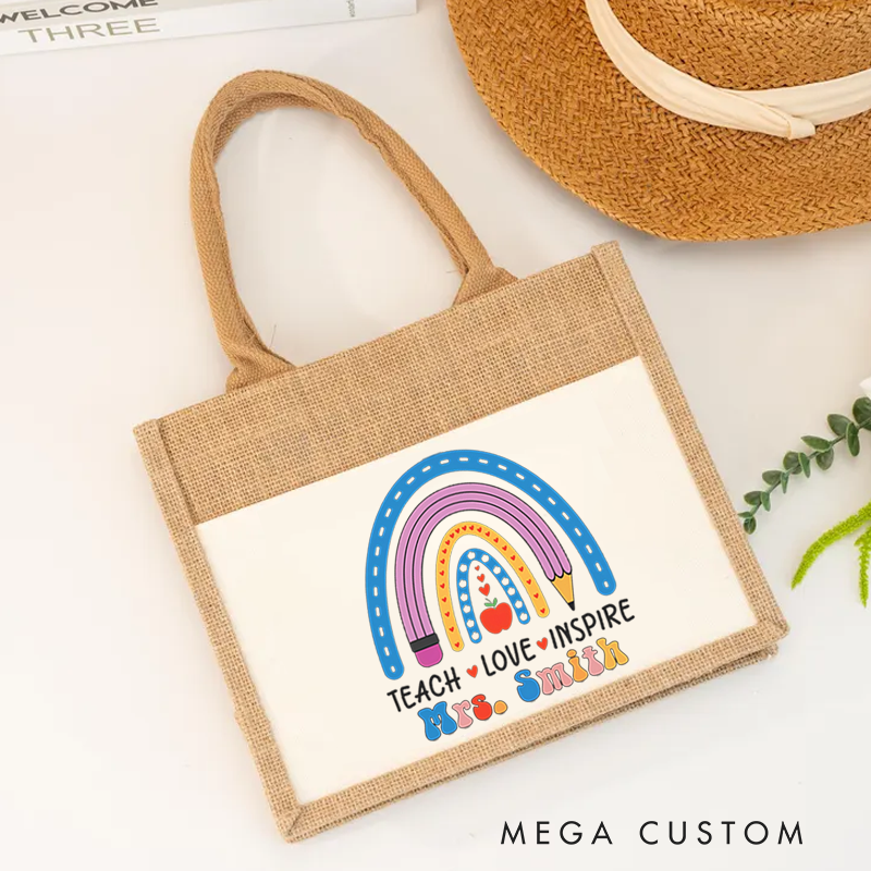 Personalized Teacher Burlap Tote Bag Teach Love Inspire Rainbow Pencil Apple Stylish Tote Bag Gift for Teachers