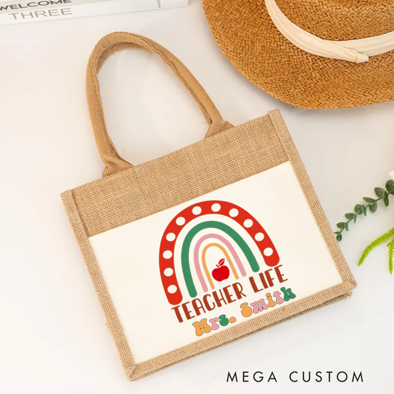 Personalized Burlap Tote Bag Teacher Life Rainbow and Apple Teacher Burlap Tote Bag Gift for Teachers