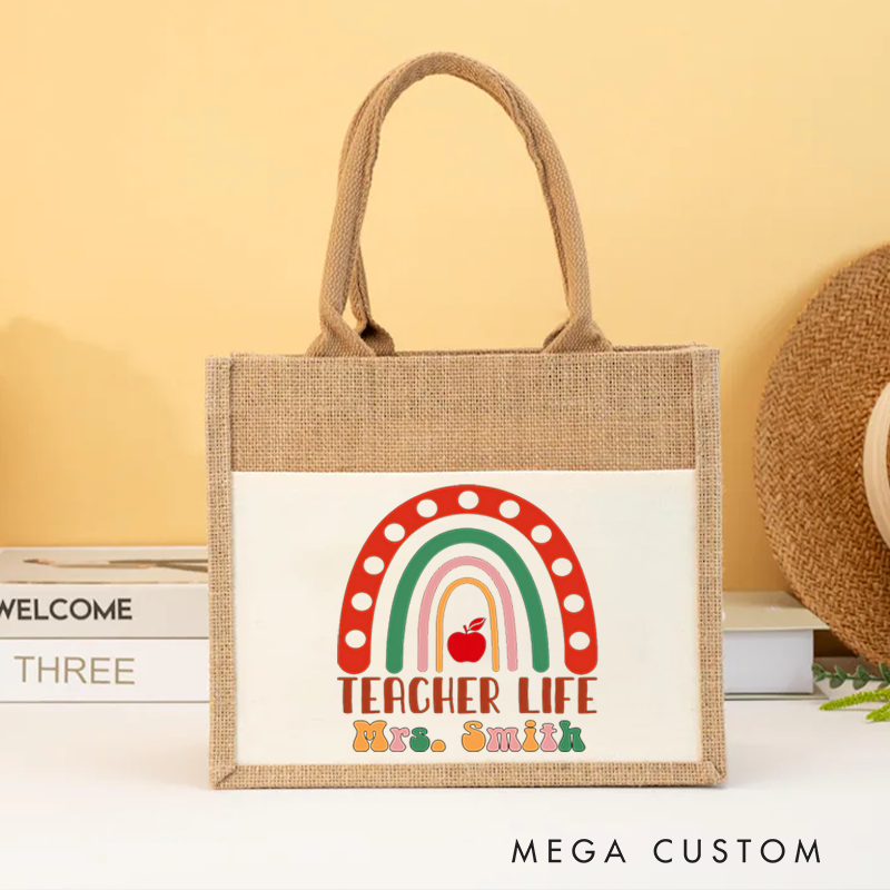 Personalized Burlap Tote Bag Teacher Life Rainbow and Apple Teacher Burlap Tote Bag Gift for Teachers