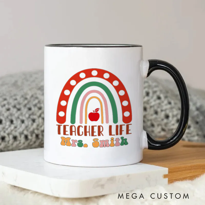 Personalized Mug Teacher Life Rainbow and Apple Mug Gift for Teachers