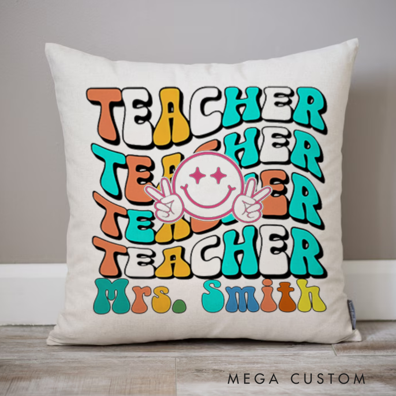 Personalized Teachers Throw Pillow Teacher Fun Smiley Face Retro Colorful Pillow Playful and Stylish Gift for Teachers