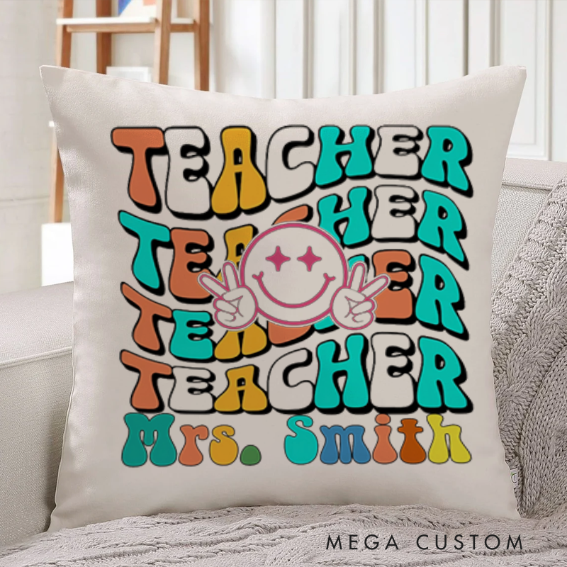 Personalized Teachers Throw Pillow Teacher Fun Smiley Face Retro Colorful Pillow Playful and Stylish Gift for Teachers