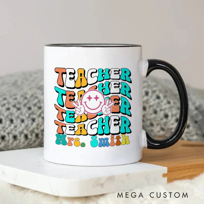 Personalized Teachers Mug Fun Smiley Face Retro Colorful Mug Playful and Stylish Gift for Teachers