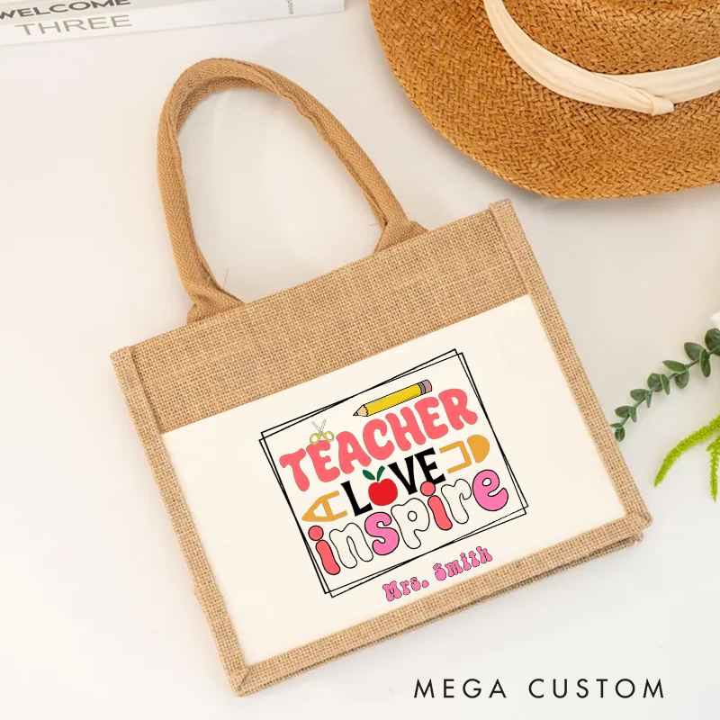 Personalized Burlap Tote Bag Teacher Love Inspire Fun and Creative Tote Bag Perfect Gift for Teachers