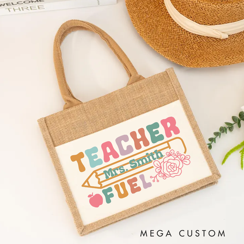Personalized Burlap Tote Bag Teacher Fuel Pencil Apple and Floral Fun Tote Bag Charming Gift for Teachers