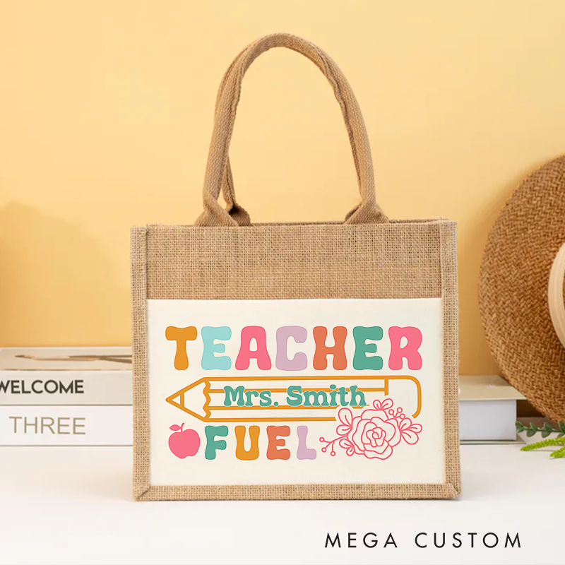 Personalized Burlap Tote Bag Teacher Fuel Pencil Apple and Floral Fun Tote Bag Charming Gift for Teachers