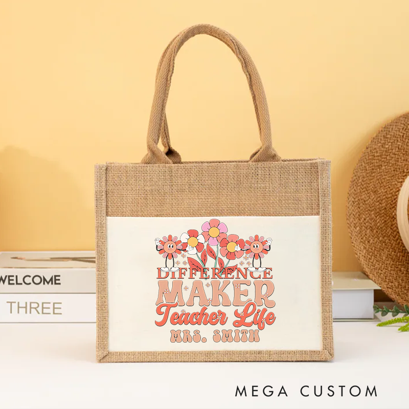 Personalized Teacher Burlap Tote Bag Difference Maker Teacher Life Cheerful Floral Tote Bag Heartwarming Gift for Teachers