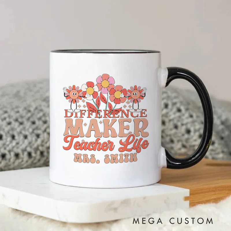 Personalized Teacher Mug Difference Maker Teacher Life Cheerful Floral Mug Heartwarming Gift for Teachers