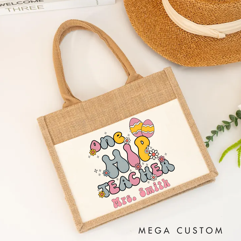 Personalized Teacher Burlap Tote Bag One Hip Teacher Fun Retro Tote Bag Perfect and Playful Gift for Teachers