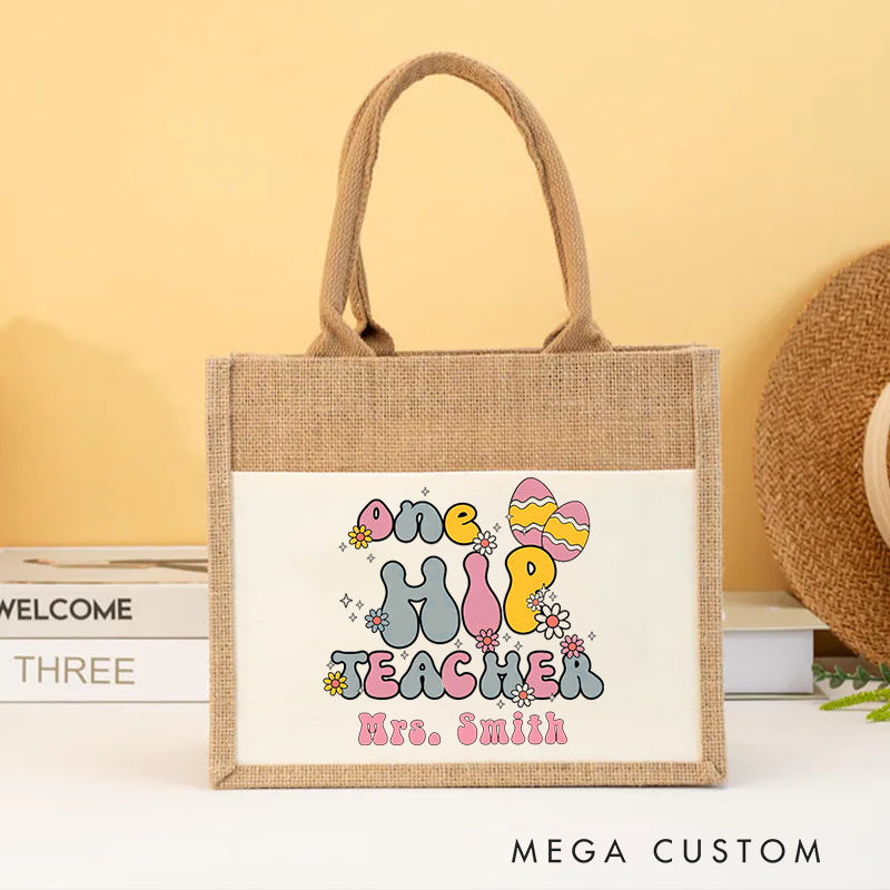 Personalized Teacher Burlap Tote Bag One Hip Teacher Fun Retro Tote Bag Perfect and Playful Gift for Teachers