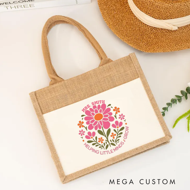Personalized Teacher Burlap Tote Bag Helping Little Minds Grow Lovely Floral Tote Bag Thoughtful and Heartwarming Gift for Teachers