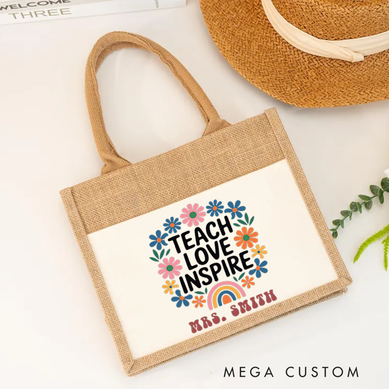 Personalized Teacher Burlap Tote Bag Teach Love Inspire Floral Rainbow Tote Bag Beautiful and Uplifting Gift for Teachers