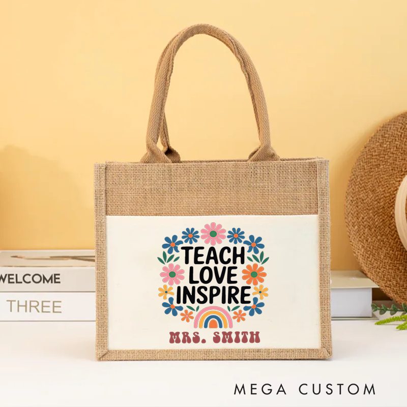 Personalized Teacher Burlap Tote Bag Teach Love Inspire Floral Rainbow Tote Bag Beautiful and Uplifting Gift for Teachers